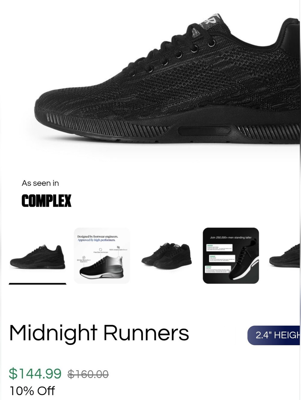 Conzuri Midnight Runners (2.4" Boost Shoe) All-Black Knit Sneaker Men's 10.